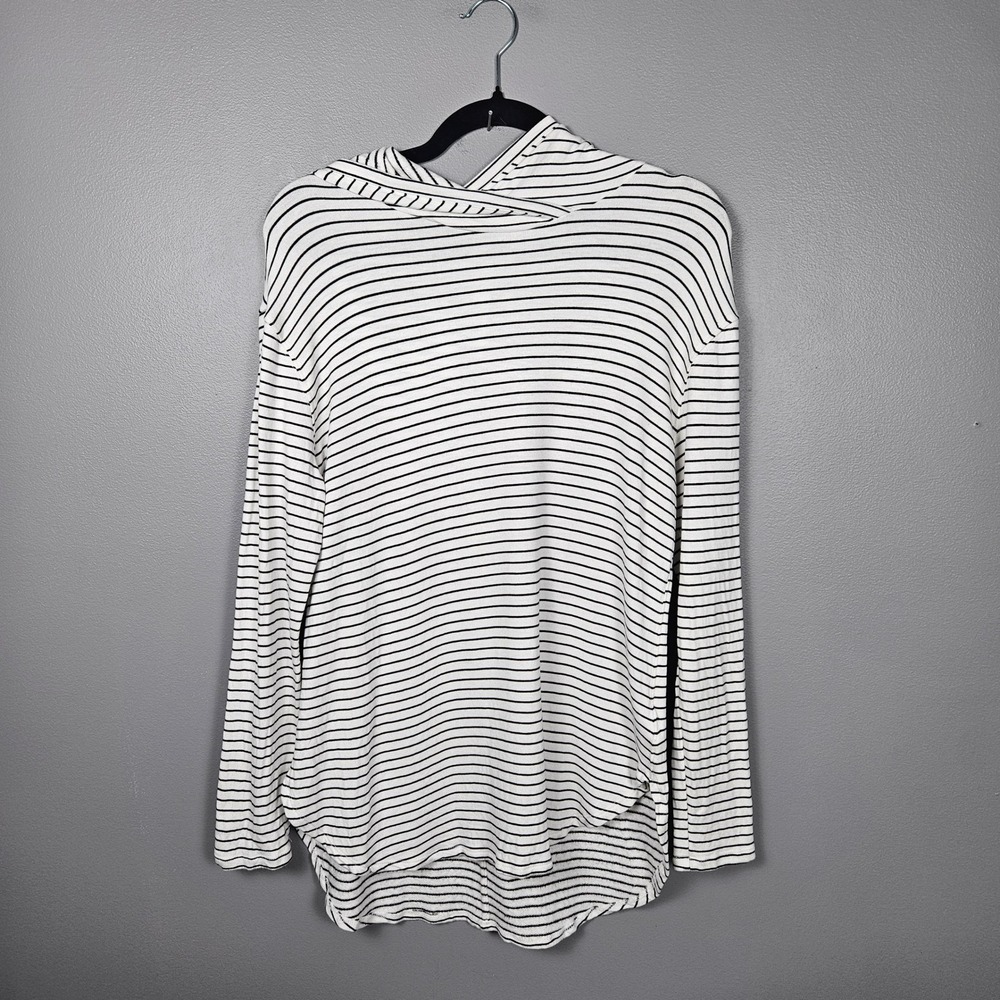 Daily Ritual Womens M Hooded Pullover Striped Stretch Knit Top Black White